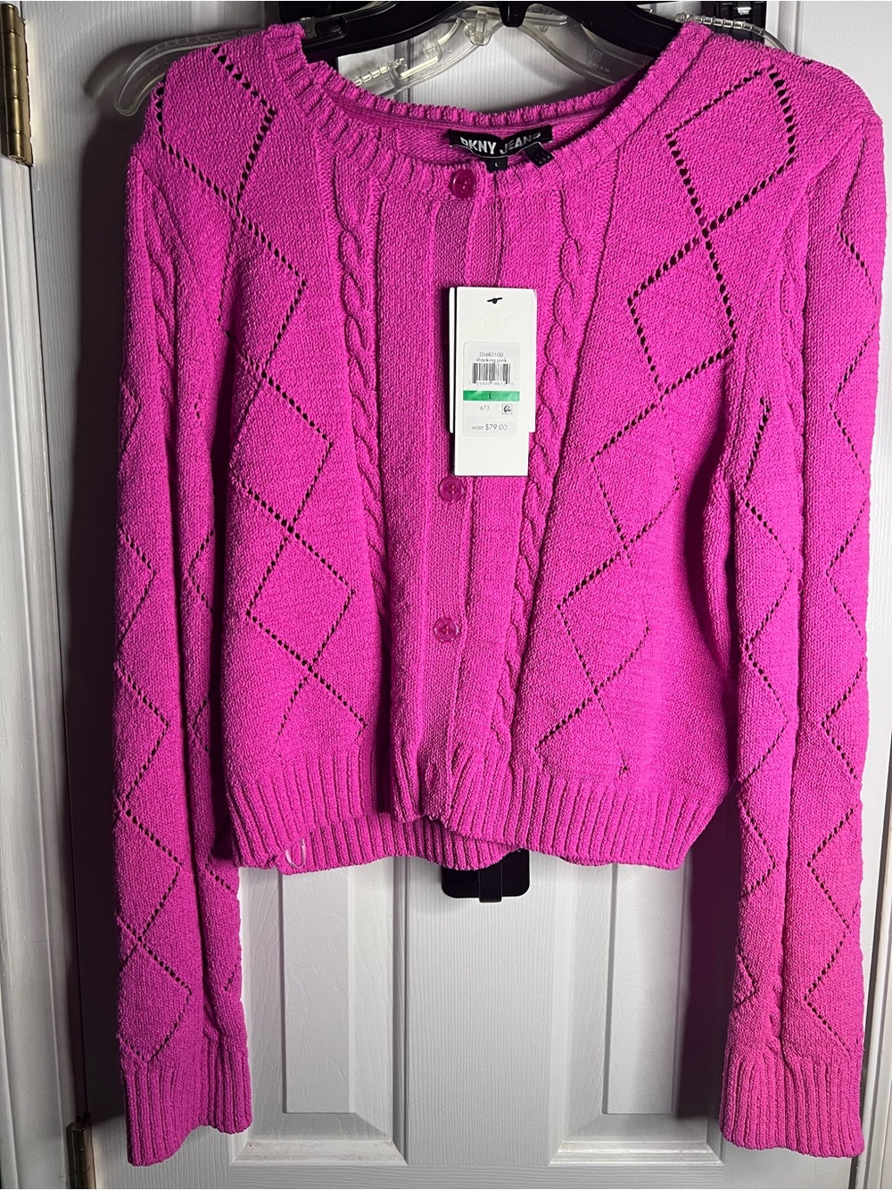 DKNY Bright Pink Cable-Pattern Button-Up Cardigan